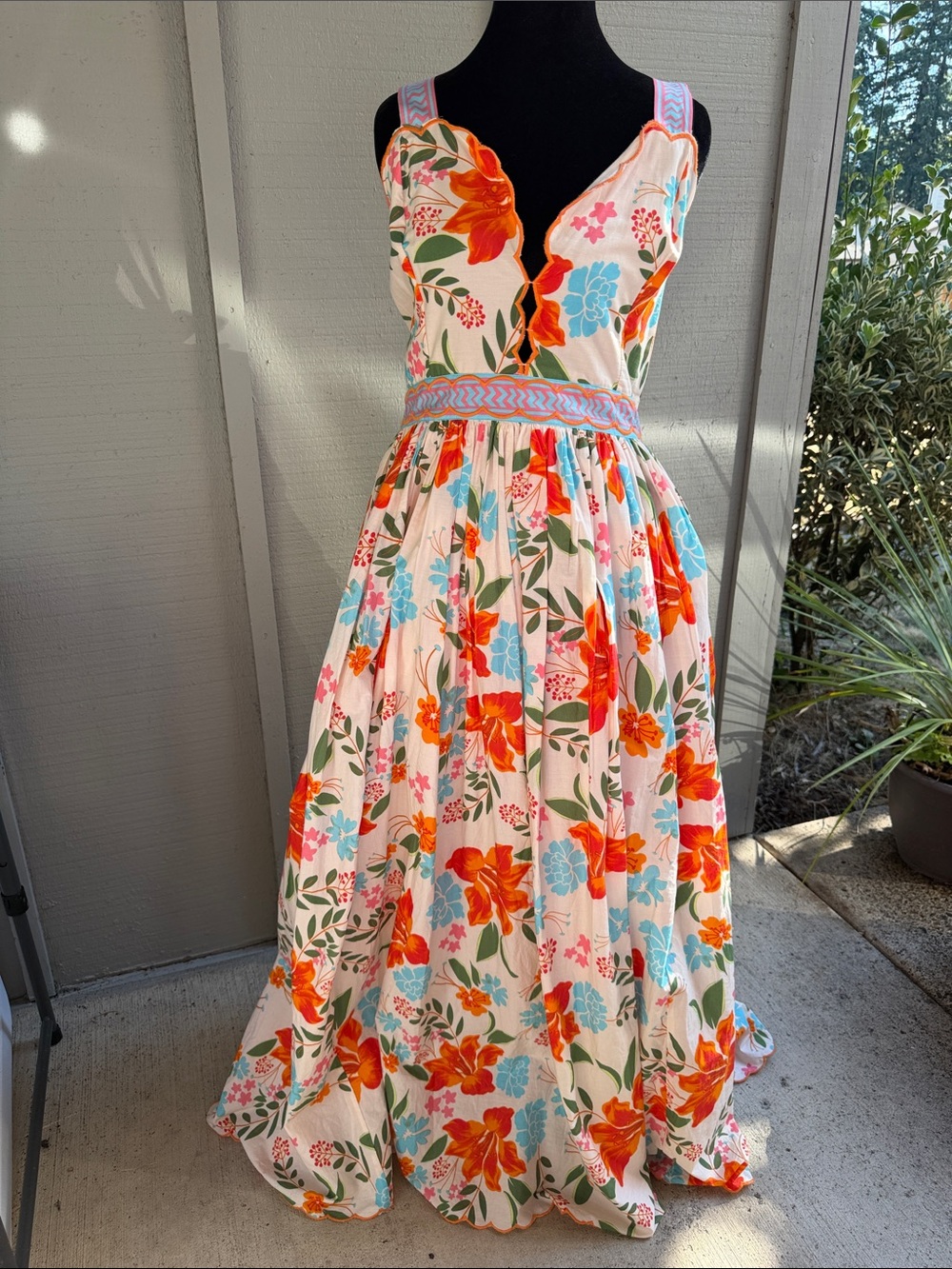 JessaKae White Maxi Dress with Orange & Blue Floral Print